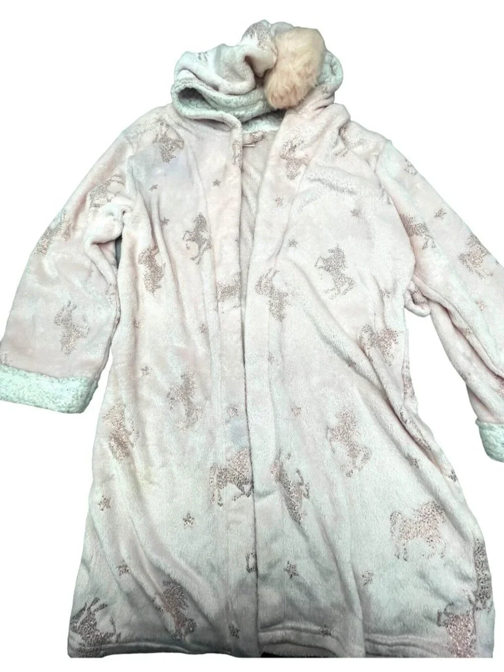 Kensie girl bathrobe unicorn pink hooded polyester kids size medium 10/12 READ